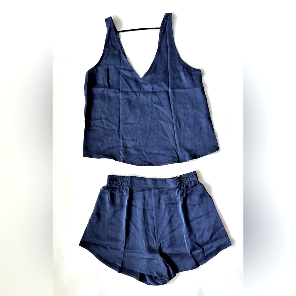 Lunya washable silk tank set pajamas Deep Blue XS